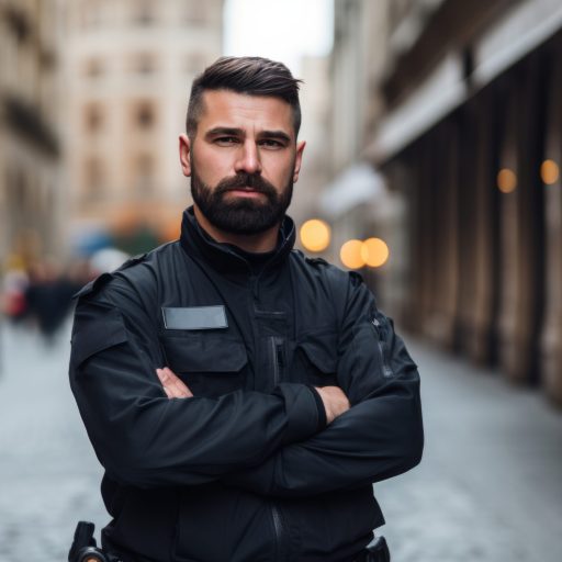 a security guard with his arms crossed on the sidewalk botão 1